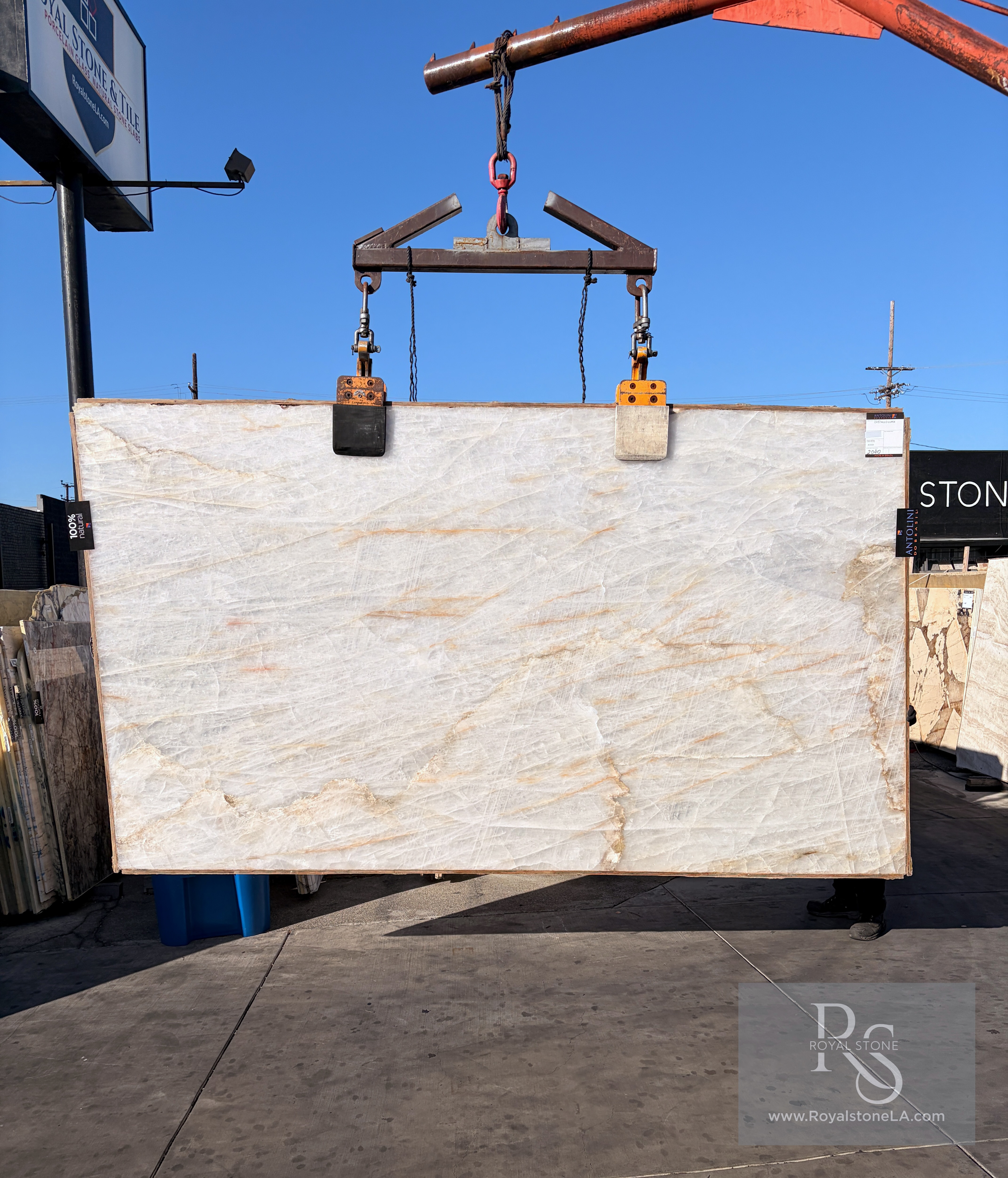 2cm Antolini Cristallo Lumix AO551 polished quartzite slab, 77 by 134 inches, photographed on the crane at the Royal Stone yard